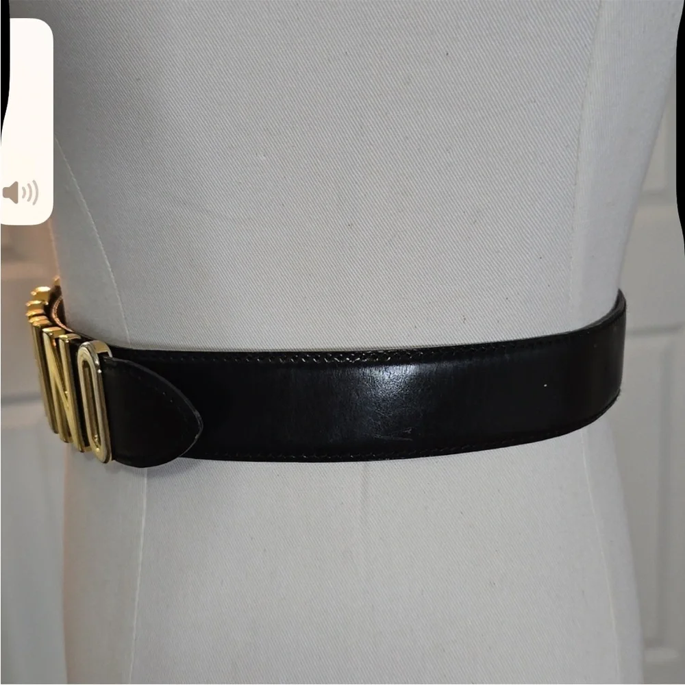 Moschino Black Leather Belt with Gold Logo Buckle